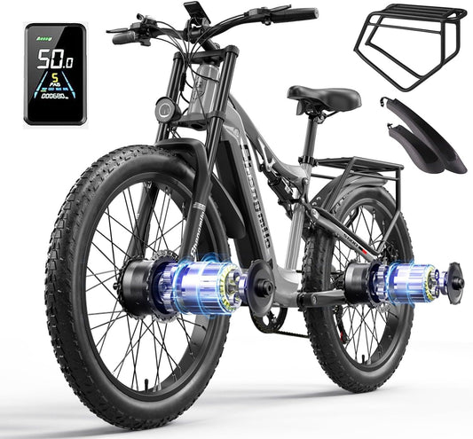 Shengmilo S600 Dual Motor Elektrofahrrad, 26-Zoll Fat Tire Adult Off-Road Elektrofahrrad mit abnehmbarem 48V 17.5Ah Akku, 7-Gang, mit Doppelstoßdämpfe