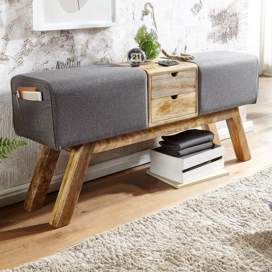 FineBuy Design Turnbock Sitzbank Grau mit Schubladen 120x56x30 cm, Turnhocker Bank aus Stoff mit Stauraum, Hocker Garderobenbank Sitzhocker Springbock