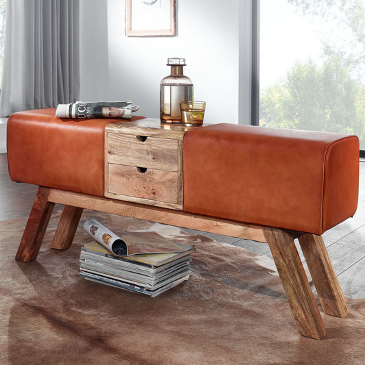 FineBuy Design Turnbock Sitzbank Braun mit Schubladen 120x56x30 cm, Turnhocker Bank aus Echtleder mit Stauraum, Hocker Garderobenbank Sitzhocker Sprin