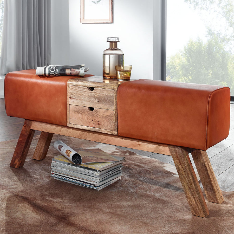 FineBuy Design Turnbock Sitzbank Braun mit Schubladen 120x56x30 cm, Turnhocker Bank aus Echtleder mit Stauraum, Hocker Garderobenbank Sitzhocker Sprin