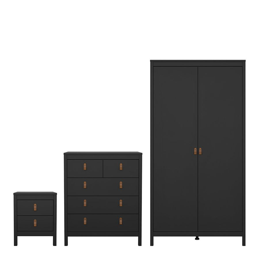 Barcelona - Bedside Table 2 drawers +  3+2 Drawer Chest + 2 Door Wardrobe - Matt Black