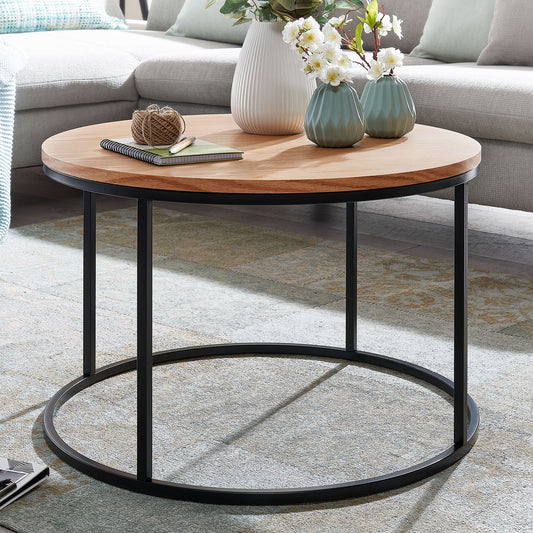 FineBuy Couchtisch rund 70 cm aus MDF Holz & Metall Skandinavisches Eiche Design – moderner Wohnzimmertisch mit stabilem Metallgestell, eleganter Beis