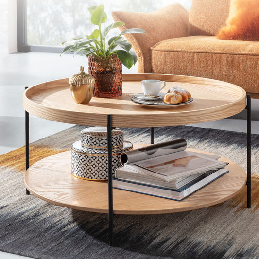 FineBuy Couchtisch Rund 80cm MDF Holz & Metall Skandinavisches Eiche Design – Moderner Wohnzimmertisch mit großer Ablage – Design Sofatisch für Wohnzi