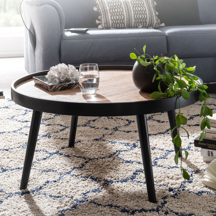 FineBuy Couchtisch Rund 76cm Skandinavisches Design Eiche – Moderner MDF Wohnzimmertisch mit 4 schwarzen Beinen, Sofatisch mit Ablagefläche für Wohnzi