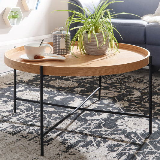 FineBuy Couchtisch Rund 80cm Skandinavisches Design Eiche – Moderner Wohnzimmertisch mit schwarzem Kreuzgestell – runder Sofatisch für Wohnzimmer MDF 
