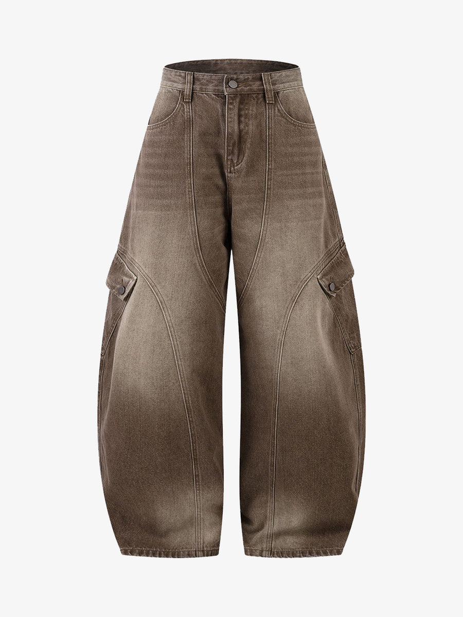 Vintage Washed Workwear Barrel Jeans - 2593 - Brown / M