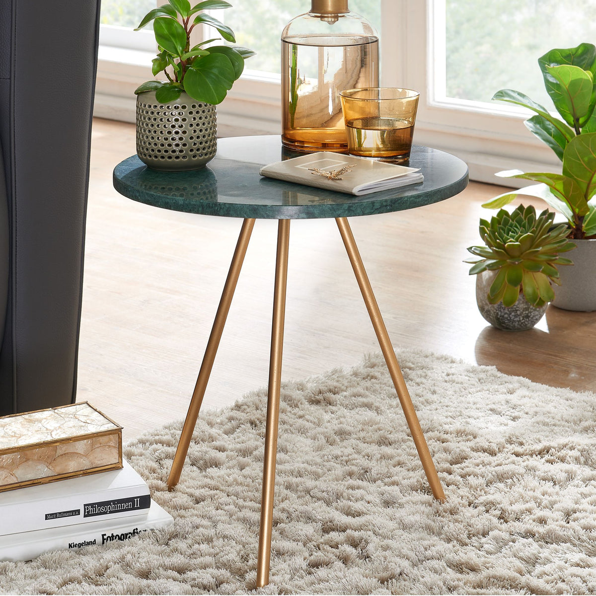 FineBuy Beistelltisch Echter Marmor Grün 38x38x44cm Anstelltisch Metall Gold, Kleiner Dreibein Sofatisch Rund, Wohnzimmertisch Couch Modern, Couchtisc