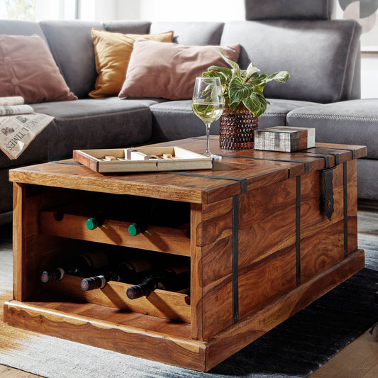 FineBuy Couchtisch Sheesham Massivholz Truhe mit Stauraum & Weinregal · Wohnzimmertisch aus Echtholz mit Metallbeschlägen · Handgefertigt · Truhentisc