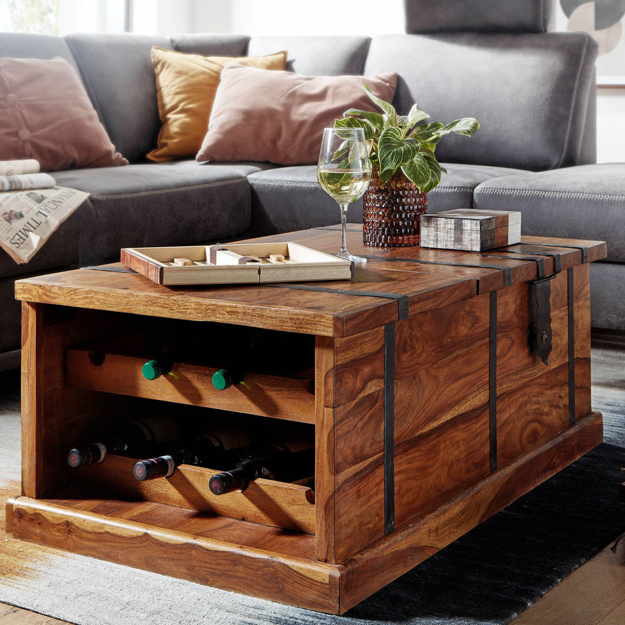 FineBuy Couchtisch Sheesham Massivholz Truhe mit Stauraum & Weinregal · Wohnzimmertisch aus Echtholz mit Metallbeschlägen · Handgefertigt · Truhentisc