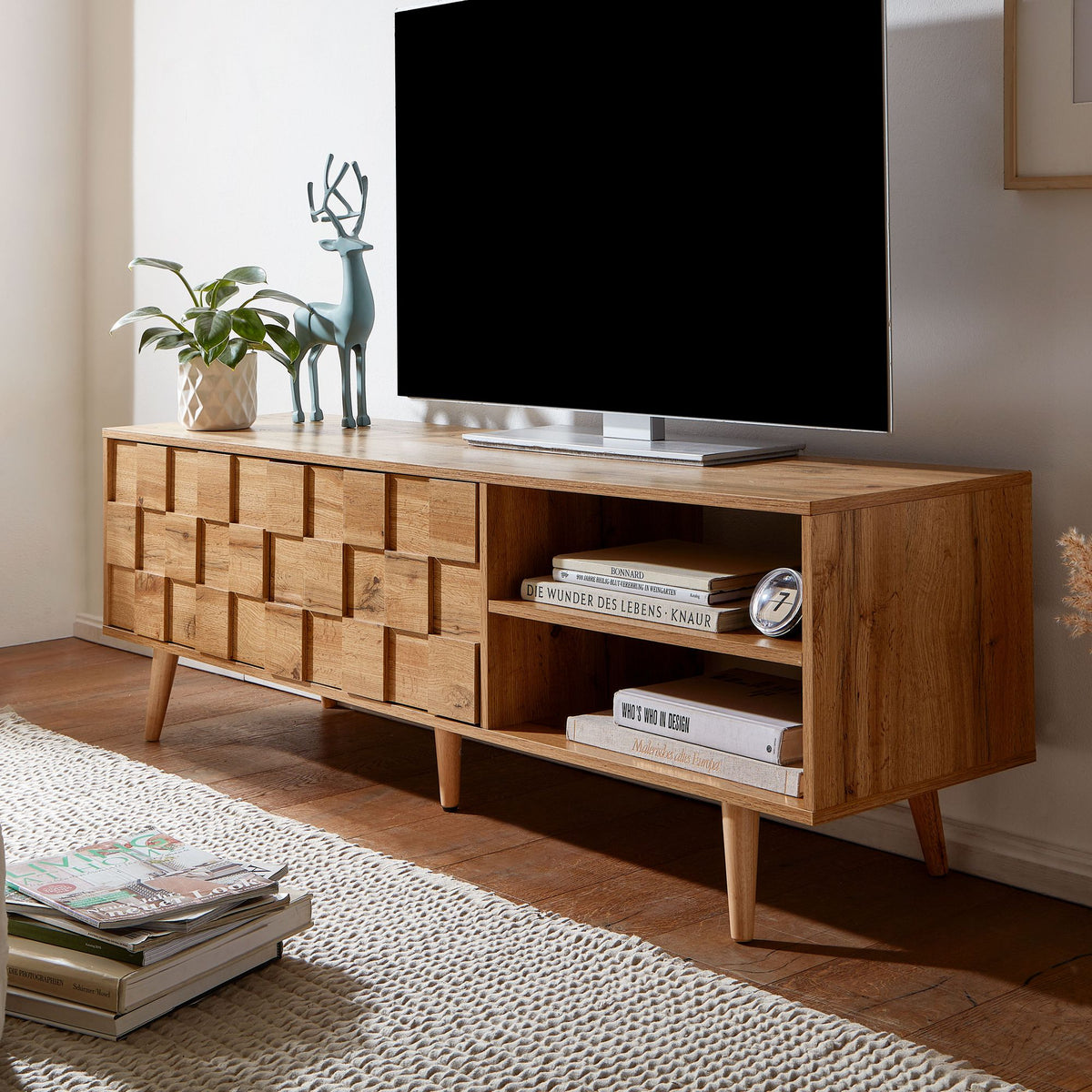 FineBuy Lowboard Holz Eiche-Dekor 160x51x40 cm TV-Kommode mit zwei Türen, Design TV-Schrank Hoch, Fernsehtisch Fernsehschrank Modern, Fernsehkommode W