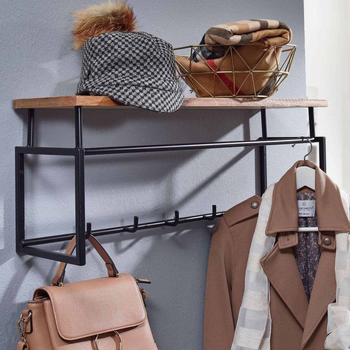 FineBuy Wandgarderobe Mango Massivholz 70 cm mit Ablage - Industrial Garderobenpaneel mit Hutablage - Wand Garderobenleiste Hakenleiste - 5 Metall Kle