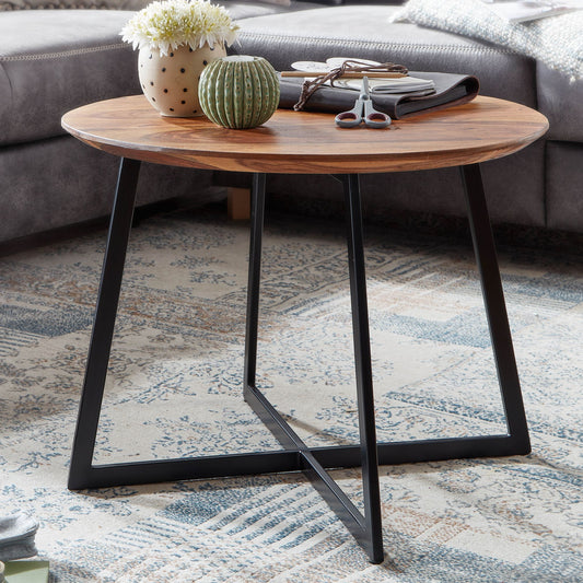 FineBuy Couchtisch Sheesham Massivholz rund Ø 60 cm x 45 cm | Wohnzimmertisch Holz Natur mit Metallgestell | Design Tisch Handarbeit | Moderner Sofati