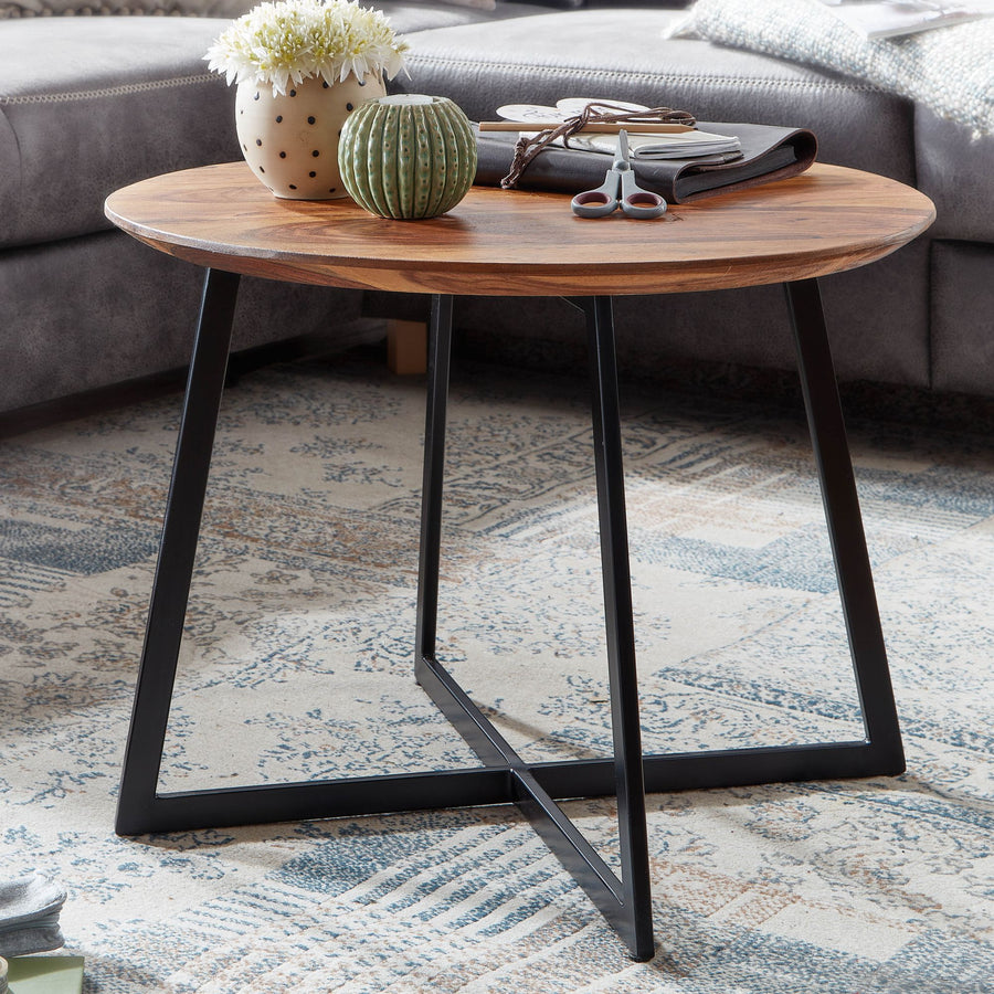 FineBuy Couchtisch Sheesham Massivholz rund Ø 60 cm x 45 cm | Wohnzimmertisch Holz Natur mit Metallgestell | Design Tisch Handarbeit | Moderner Sofati