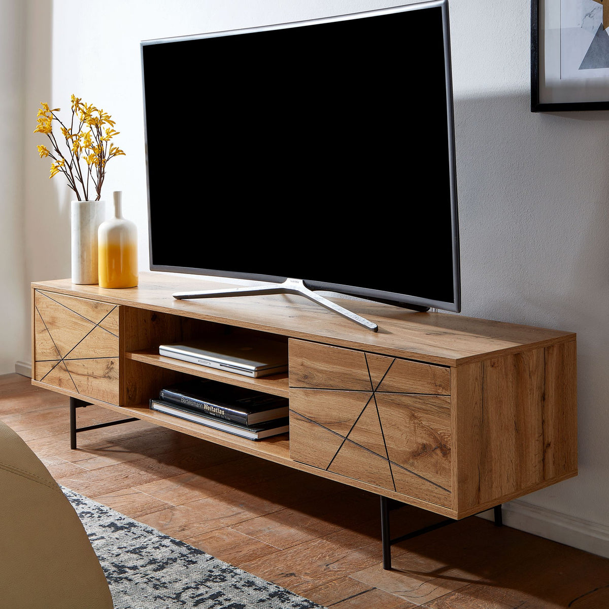FineBuy Lowboard Holz Eiche-Dekor 160x45x40 cm TV-Kommode mit zwei Türen, Design TV-Schrank Hoch, Fernsehtisch Fernsehschrank Modern, Fernsehkommode W