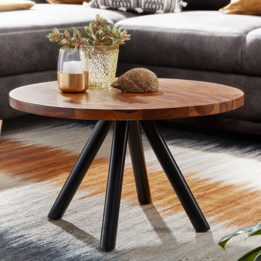 FineBuy Couchtisch Sheesham Massivholz rund Ø60 cm · Wohnzimmertisch mit stabilen Metallbeinen · Massivholztisch im modernen Industrial Design mit ein