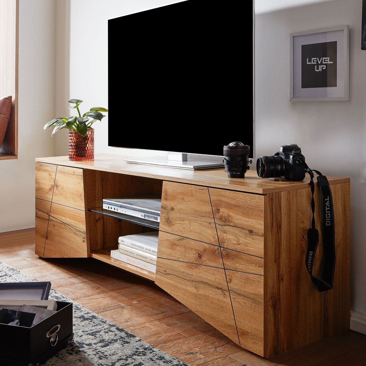 FineBuy Lowboard Holz Eiche-Dekor 160x50x40 cm TV-Kommode mit zwei Türen, Design TV-Schrank Hoch, Fernsehtisch Fernsehschrank Modern, Fernsehkommode W