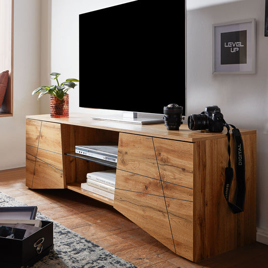 FineBuy Lowboard Holz Eiche-Dekor 160x50x40 cm TV-Kommode mit zwei Türen, Design TV-Schrank Hoch, Fernsehtisch Fernsehschrank Modern, Fernsehkommode W