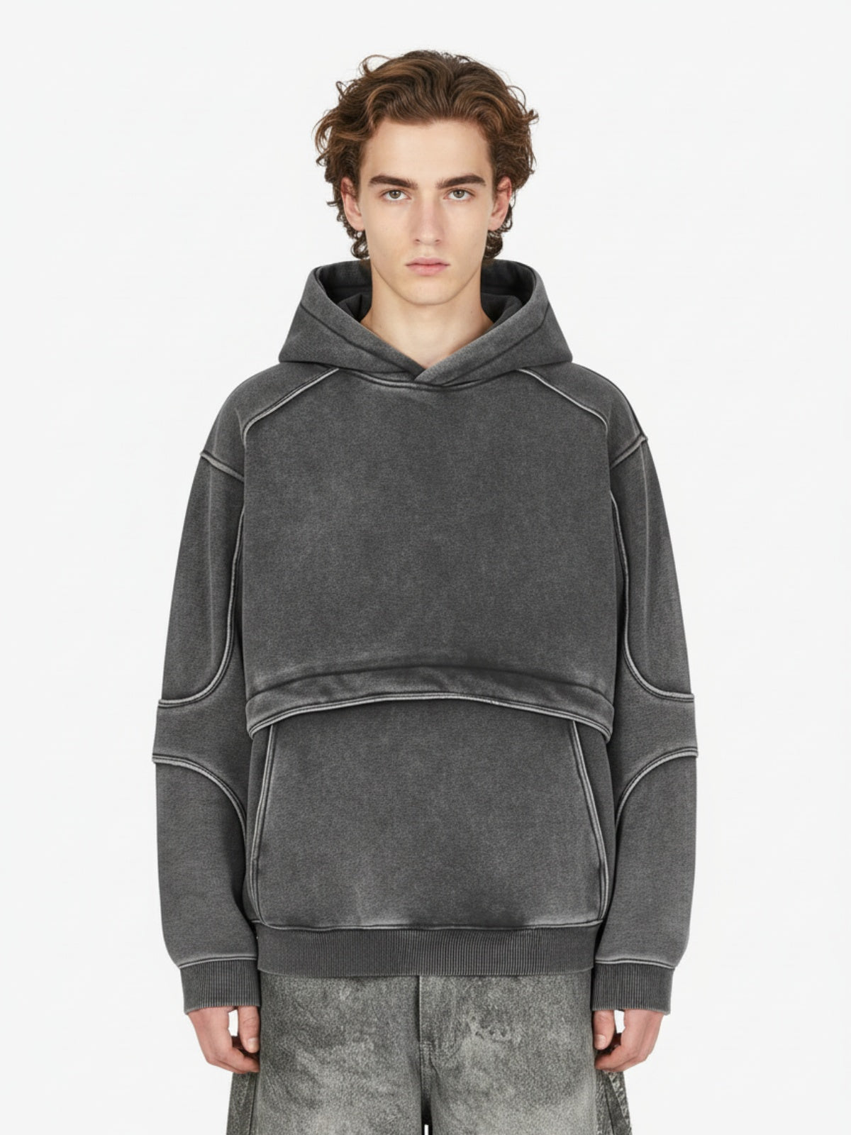 Retro Deconstructed Patchwork Washed Hoodie - Dark Gray / S