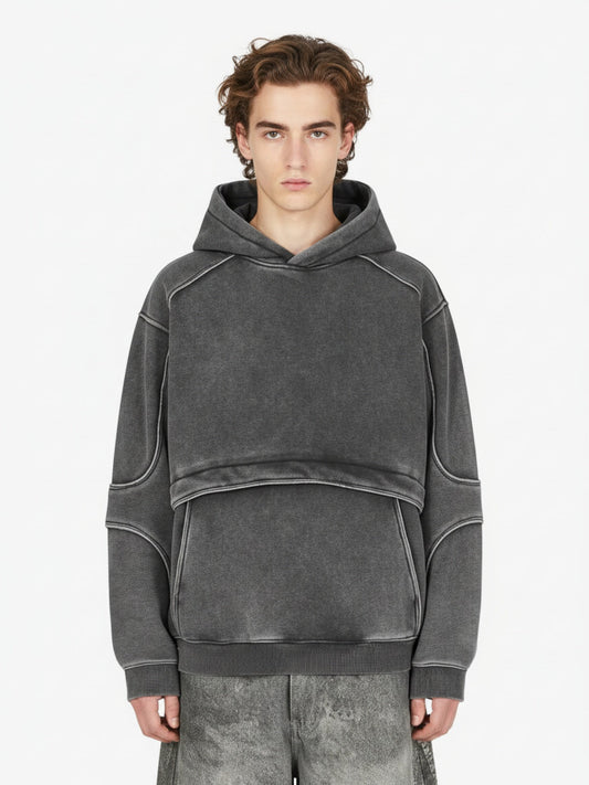 Retro Deconstructed Patchwork Washed Hoodie - Dark Gray / S