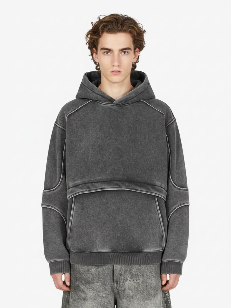 Retro Deconstructed Patchwork Washed Hoodie - Dark Gray / S