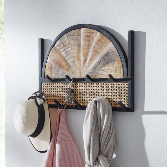 FineBuy Wandgarderobe Mango Massivholz 53 cm - Garderobenpaneel massiv Holz - Wand Garderobenleiste Hakenleiste 9 Kleiderhaken Rattan Wiener Geflecht