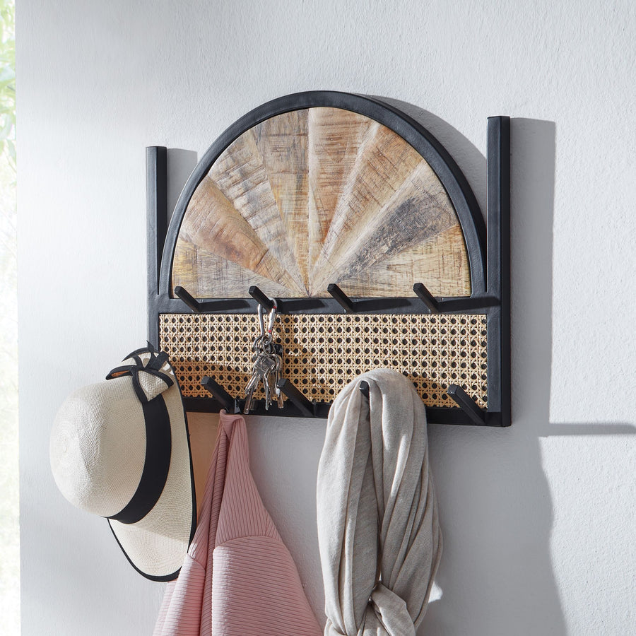 FineBuy Wandgarderobe Mango Massivholz 53 cm - Garderobenpaneel massiv Holz - Wand Garderobenleiste Hakenleiste 9 Kleiderhaken Rattan Wiener Geflecht
