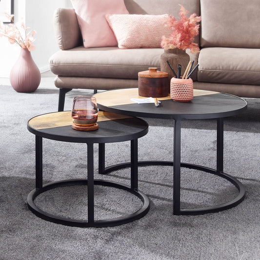 FineBuy Couchtisch 2er Set Mango Massivholz / Stein-Optik Sofatisch Rund Modern, Design Beistelltisch 2-teilig, Runde Wohnzimmertische, Holztisch Satz