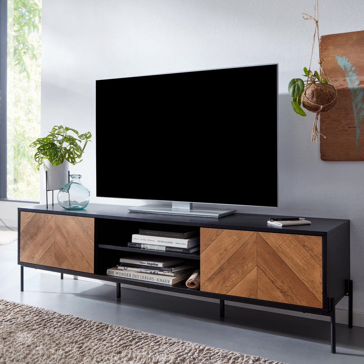 FineBuy Lowboard Holz Schwarz / Eiche-Dekor 163x45x40 cm TV-Kommode mit zwei Türen, Design TV-Schrank Hoch, Fernsehtisch Fernsehschrank Modern, Fernse