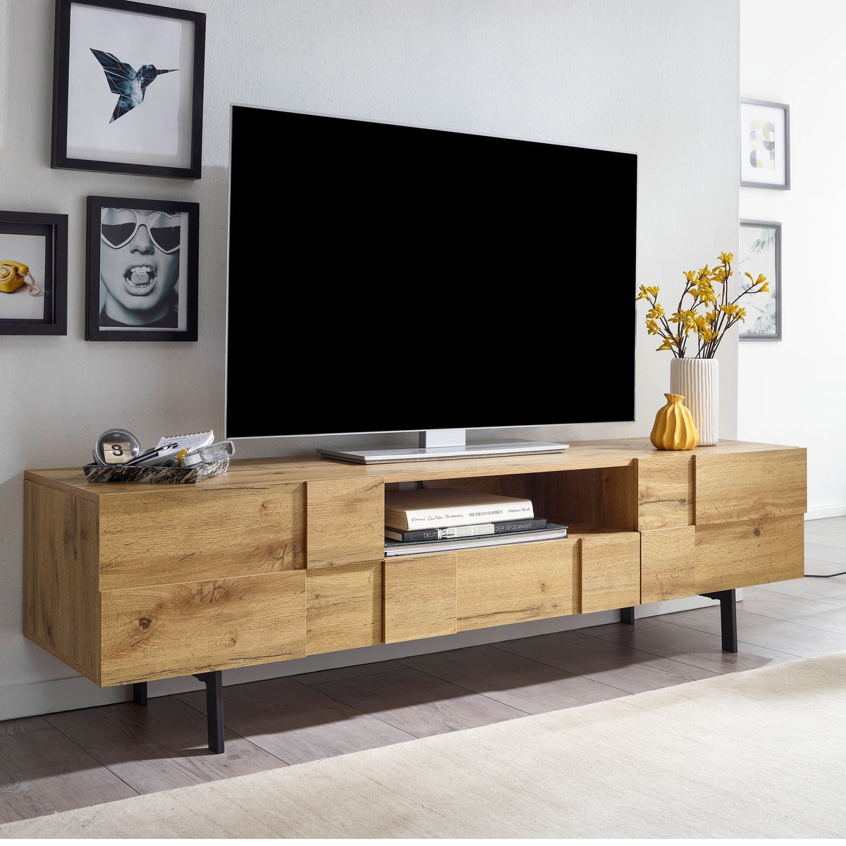 FineBuy Lowboard Holz Eiche-Dekor 160x46x43 cm TV-Kommode mit zwei Türen, Design TV-Schrank Hoch, Fernsehtisch Fernsehschrank Modern, Fernsehkommode W