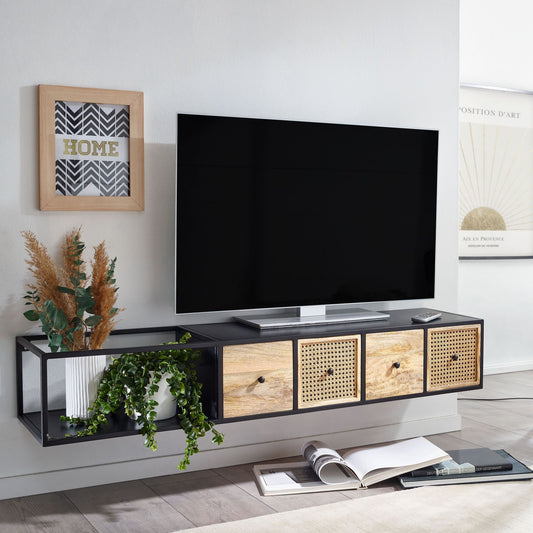 FineBuy Lowboard Hängend Mango Massivholz / Metall 150x25x35 cm TV-Schrank Schwarz, Design Fernsehtisch Wiener Geflecht Modern, Fernsehschrank Wand, T