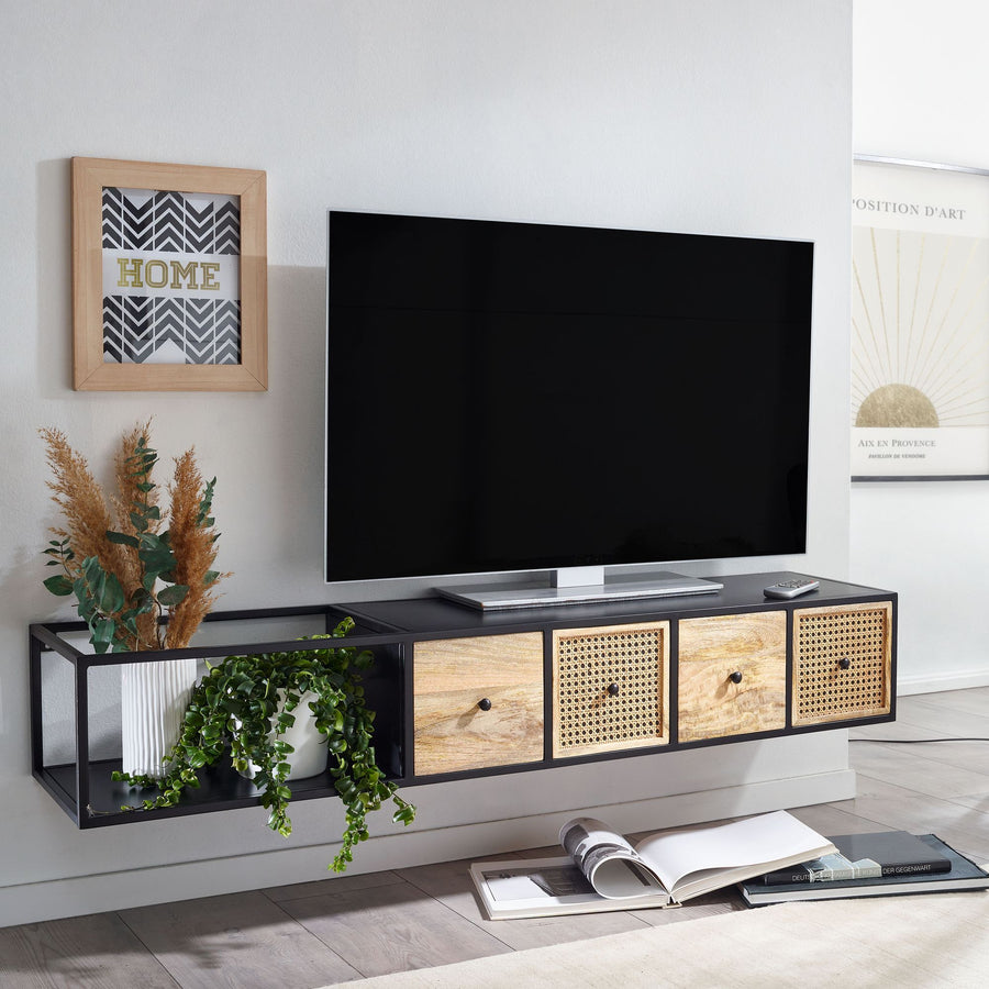 FineBuy Lowboard Hängend Mango Massivholz / Metall 150x25x35 cm TV-Schrank Schwarz, Design Fernsehtisch Wiener Geflecht Modern, Fernsehschrank Wand, T