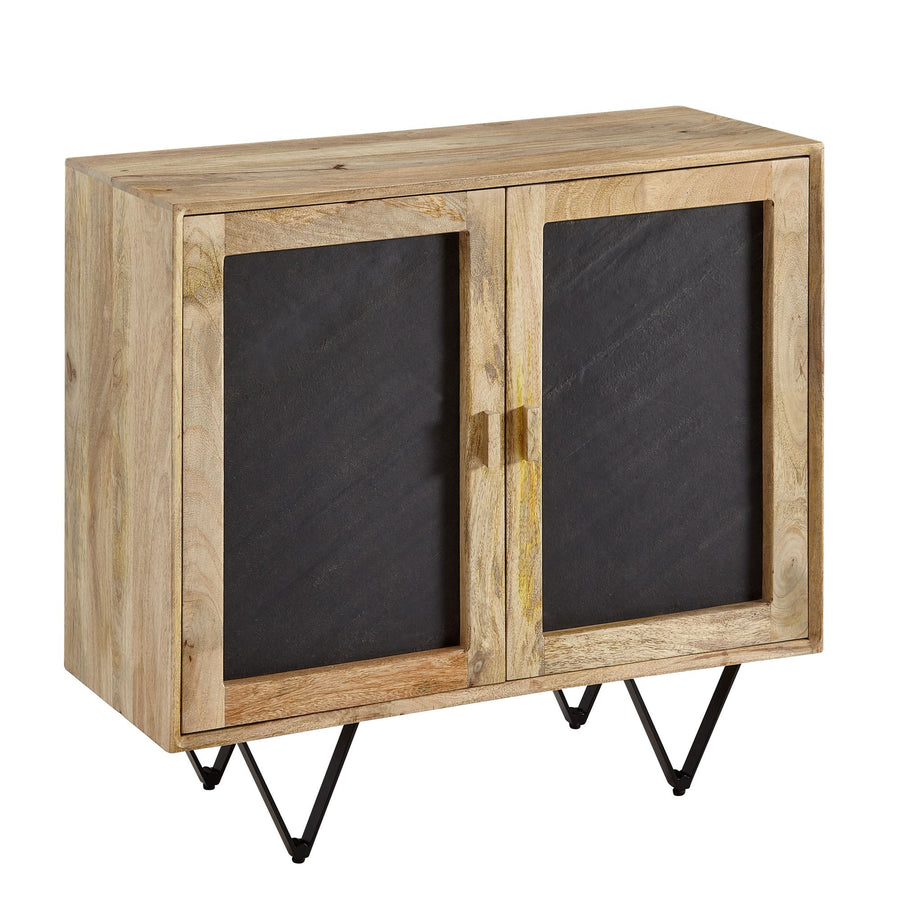 FineBuy Sideboard 80x75x35 cm Mango Massivholz / Stein-Optik Anrichte, Kommode mit 2 Türen, Kleiner Kommodenschrank Holz Massiv, Standschrank Mehrzwec