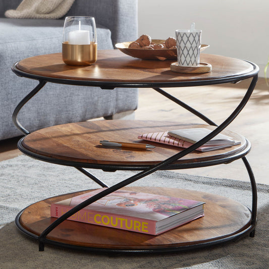 FineBuy Couchtisch Sheesham Massivholz rund Ø58 cm mit 3 Ablagen | Handgefertigter Wohnzimmertisch aus Holz & Metall | Design Beistelltisch im Industr
