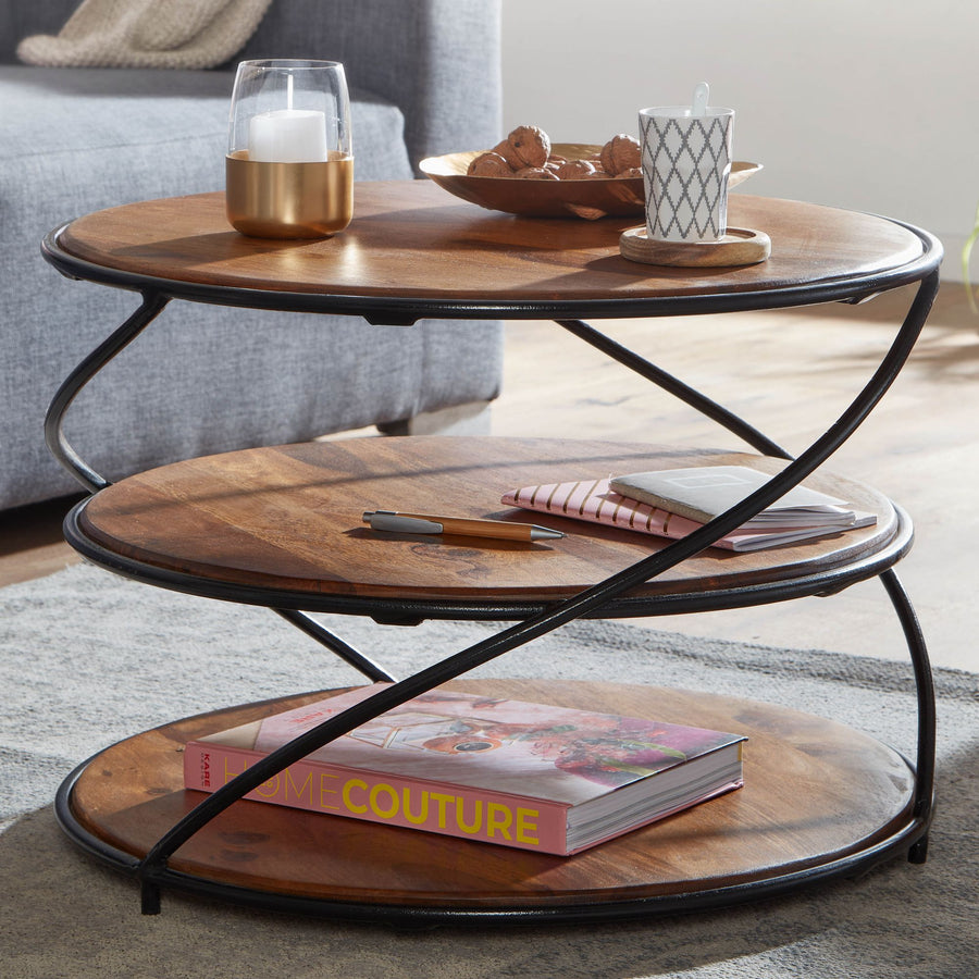 FineBuy Couchtisch Sheesham Massivholz rund Ø58 cm mit 3 Ablagen | Handgefertigter Wohnzimmertisch aus Holz & Metall | Design Beistelltisch im Industr
