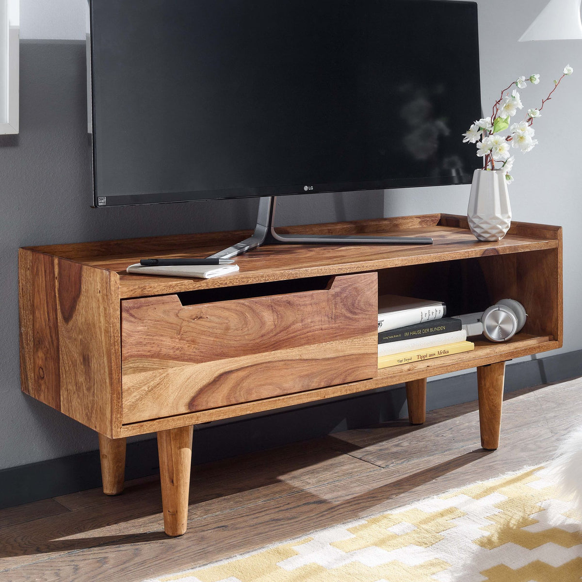 FineBuy Lowboard Sheesham Massivholz 95x44x34 cm TV-Kommode mit Schiebetür, Design TV-Schrank Hoch, Fernsehtisch Fernsehschrank Modern, Fernsehkommode