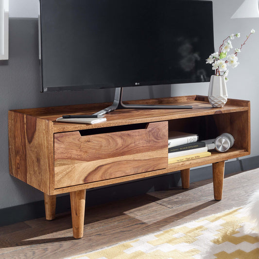 FineBuy Lowboard Sheesham Massivholz 95x44x34 cm TV-Kommode mit Schiebetür, Design TV-Schrank Hoch, Fernsehtisch Fernsehschrank Modern, Fernsehkommode