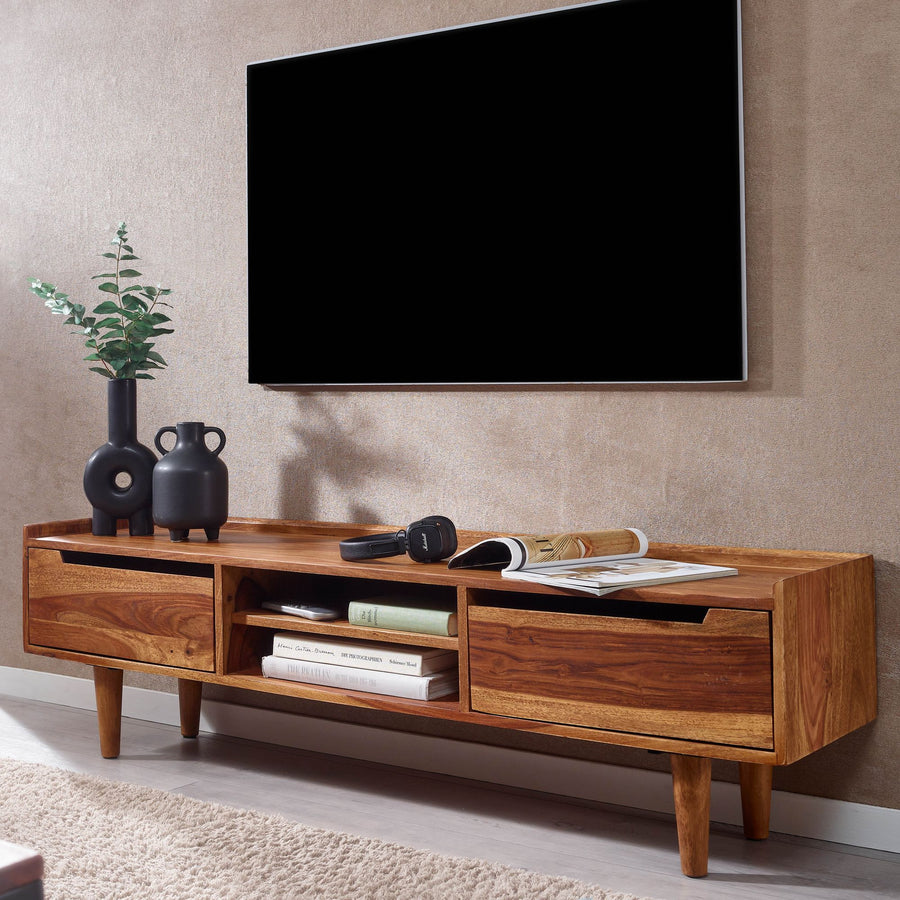 FineBuy Lowboard Sheesham Massivholz 145x43x35 cm TV-Kommode mit zwei Türen, Design TV-Schrank Hoch, Fernsehtisch Fernsehschrank Modern, Fernsehkommod