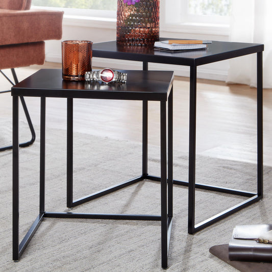 FineBuy Wohnzimmertisch 2er Set Metall Beistelltisch Eckig Schwarz, Design Beistelltisch Industrial, Sofatisch Couchtisch Quadratisch, Tischset 2-teil
