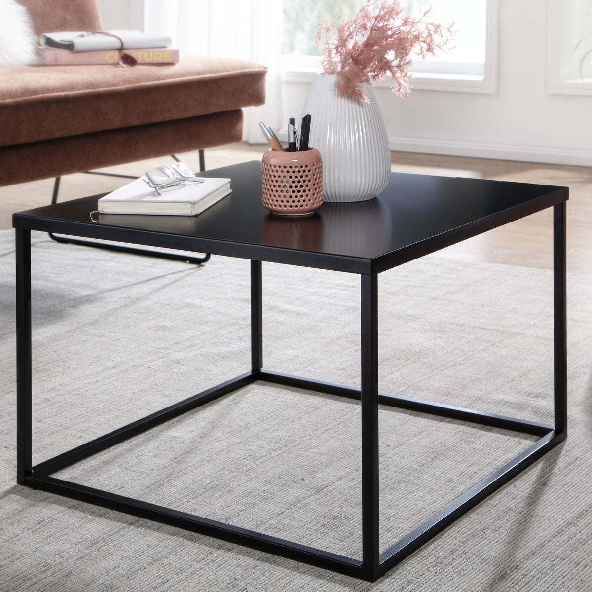FineBuy Couchtisch 60 x 60 cm quadratisch Schwarz Metall - Industrial Alu Wohnzimmertisch - Skandinavisches Design Beistelltisch für Wohnzimmer Alumin