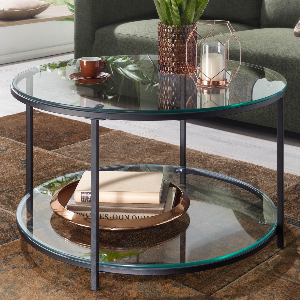 FineBuy Couchtisch 80x80x45 cm Glas / Metall Wohnzimmertisch Rund Modern, Sofatisch mit Stauraum, Loungetisch mit Ablagefach, Kaffeetisch Beistelltisc