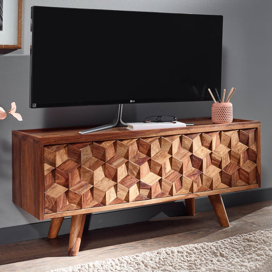 FineBuy Lowboard Sheesham Massivholz 90 cm - Kommode mit Klapptür - TV Schrank Sideboard - Fernsehschrank - Fernsehtisch - Fernsehkommode Wohnzimmersc