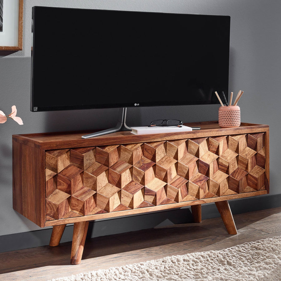 FineBuy Lowboard Sheesham Massivholz 90 cm - Kommode mit Klapptür - TV Schrank Sideboard - Fernsehschrank - Fernsehtisch - Fernsehkommode Wohnzimmersc