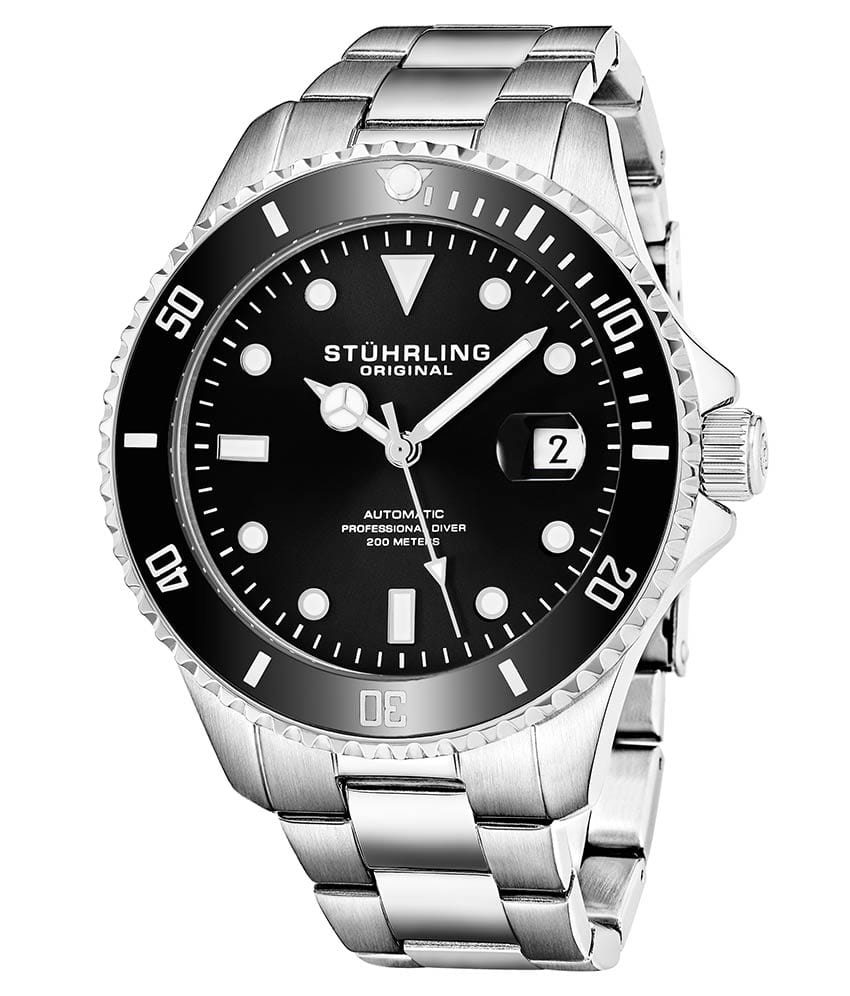 Stührling Regatta 792 Automatic 42mm Diver - Black Dial/Silver Case/Silver Bracelet