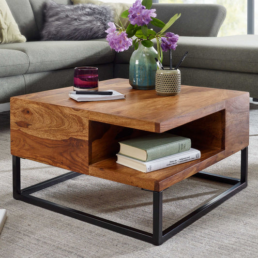 FineBuy Couchtisch 60x60x34,5 cm Sheesham Massivholz / Metall Sofatisch Eckig, Wohnzimmertisch mit Stauraum, Kaffeetisch Massiv, Kleiner Tisch Beistel