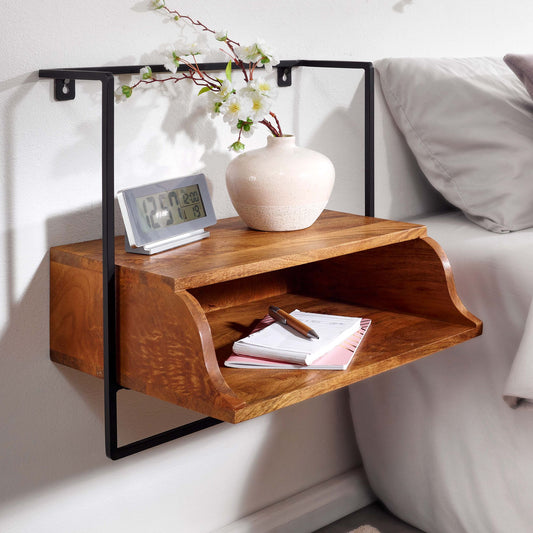 FineBuy Nachtkonsole zur Wandmontage aus Mango Massivholz mit Ablage – schwebender Nachttisch, modernes Wandboard mit Stauraum fürs Schlafzimmer – Nac