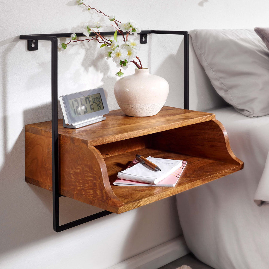 FineBuy Nachtkonsole zur Wandmontage aus Mango Massivholz mit Ablage – schwebender Nachttisch, modernes Wandboard mit Stauraum fürs Schlafzimmer – Nac