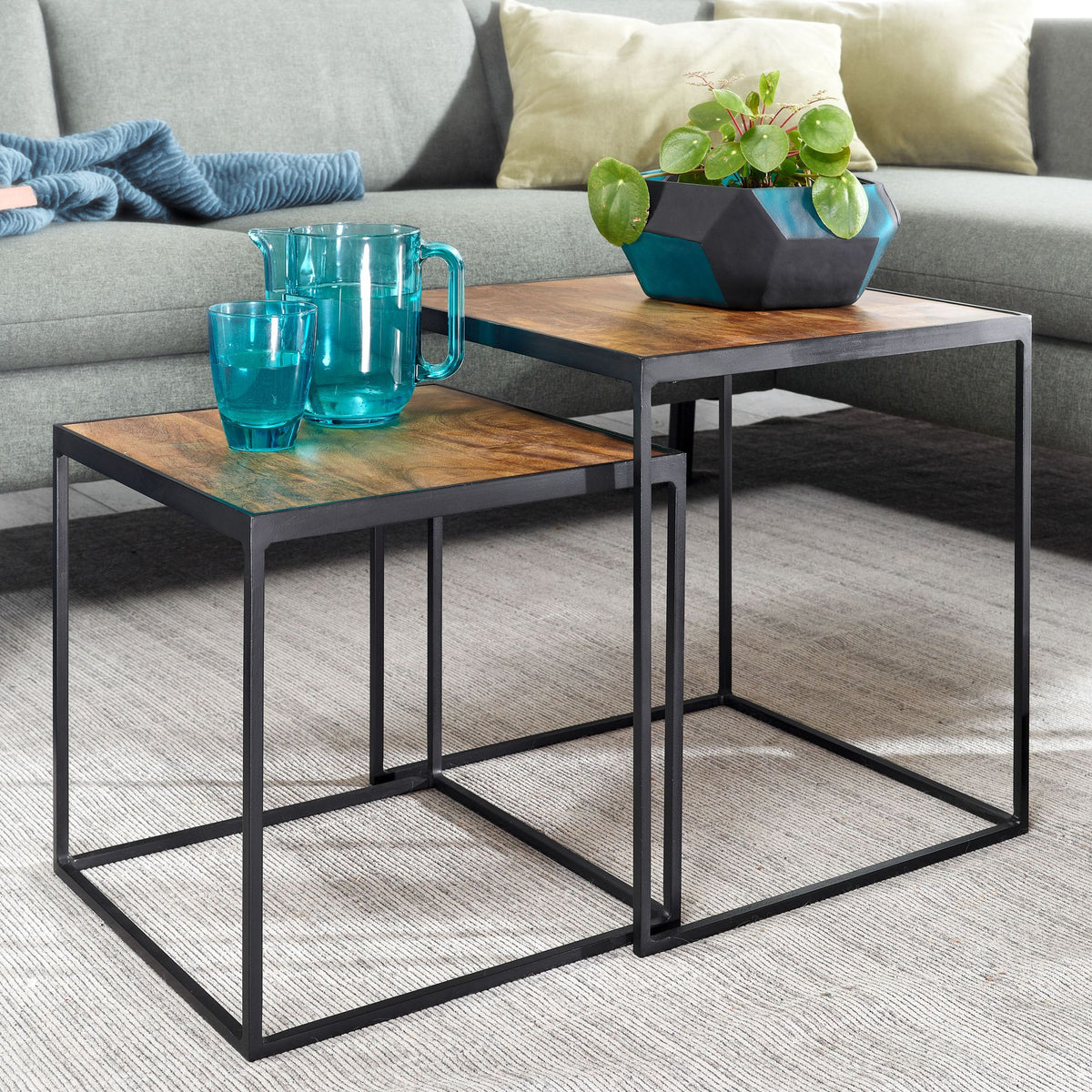 FineBuy Wohnzimmertisch 2er Set Mango Massivholz / Metall Beistelltisch Eckig, Design Beistelltisch Industrial, Sofatisch Couchtisch Quadratisch, Tisc
