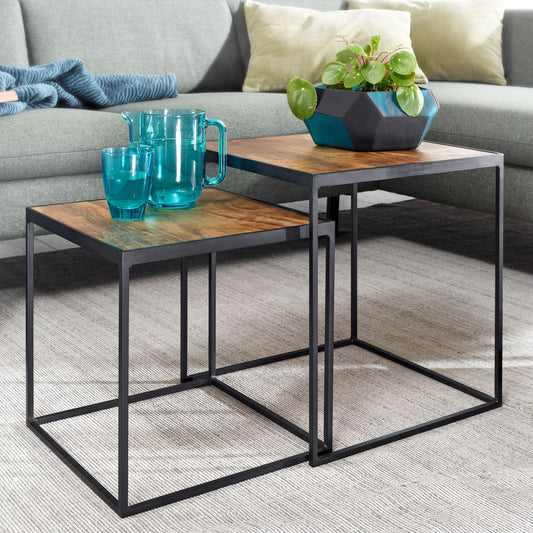 FineBuy Wohnzimmertisch 2er Set Mango Massivholz / Metall Beistelltisch Eckig, Design Beistelltisch Industrial, Sofatisch Couchtisch Quadratisch, Tisc