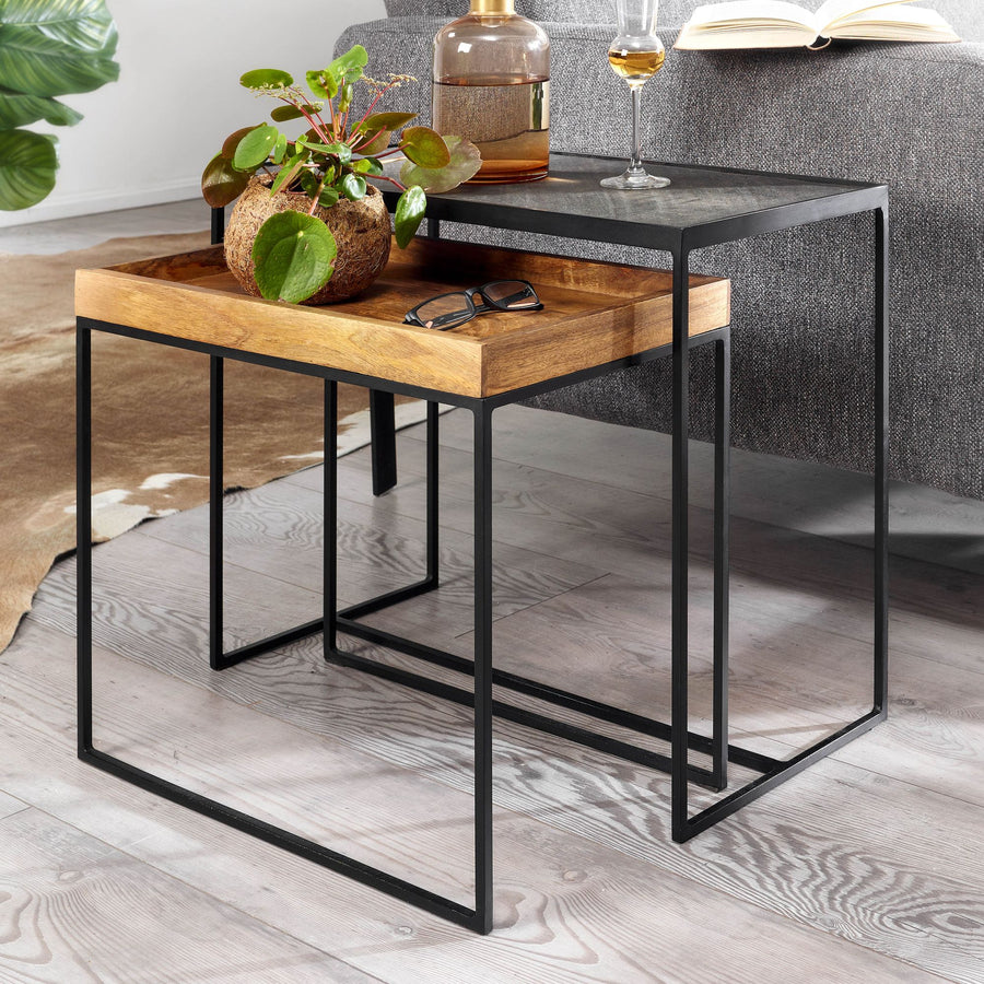 FineBuy Wohnzimmertisch 2er Set Mango Massivholz / Stein-Optik Beistelltisch Eckig, Design Beistelltisch Industrial, Sofatisch Couchtisch Rechteckig, 