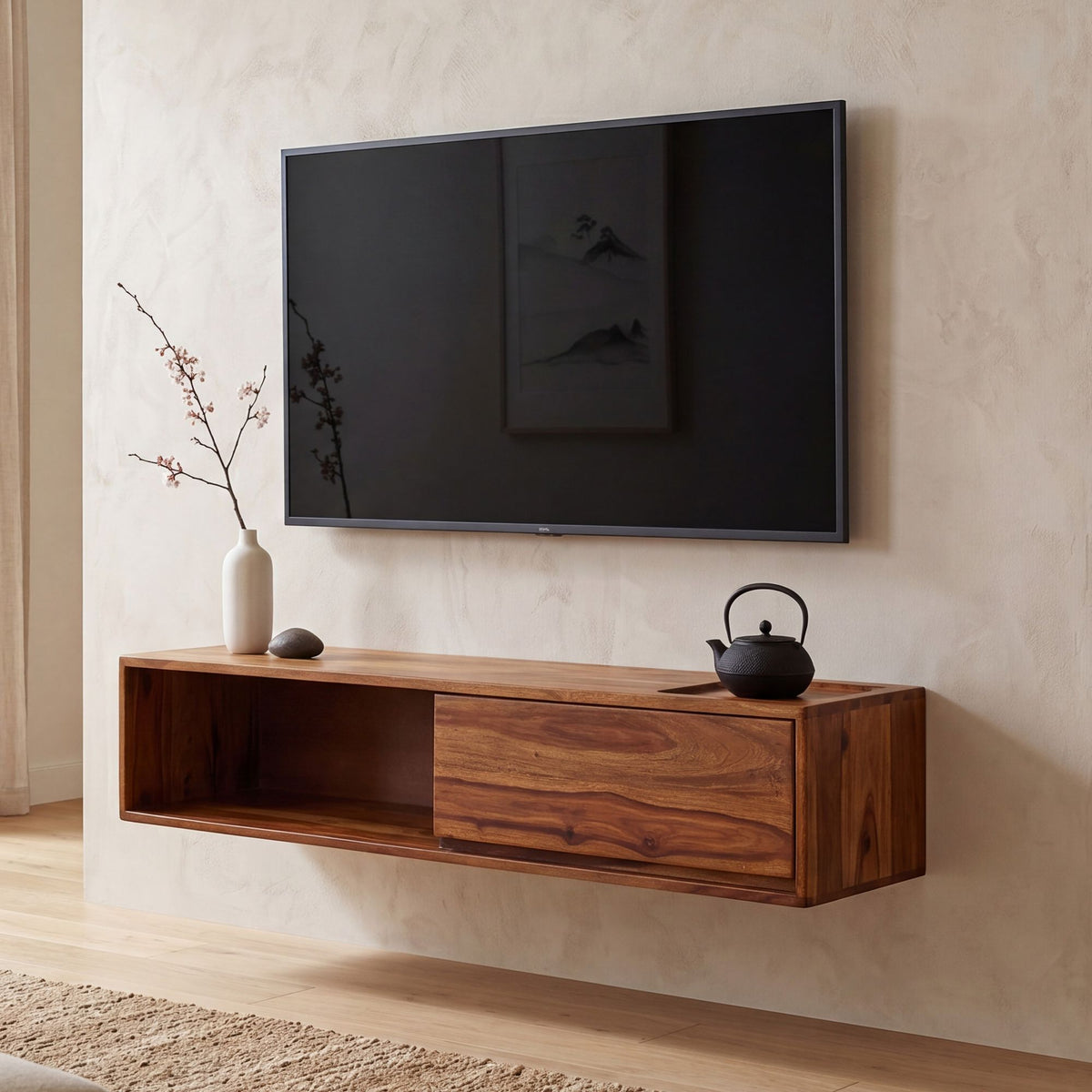 FineBuy Lowboard Hängend Sheesham Massivholz 108x25x34 cm TV-Schrank Braun, Design Fernsehtisch mit Stauraum, Fernsehschrank Wand Modern, TV-Kommode F
